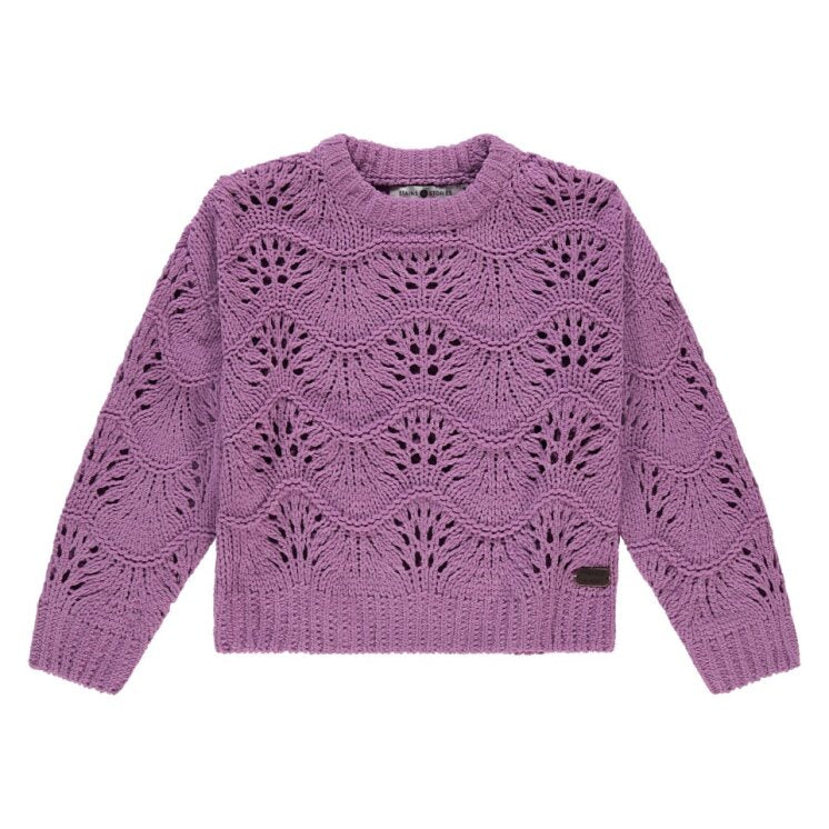 Purple knitted sweater with a scalloped pattern on a white background