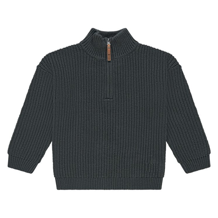 Dark gray ribbed sweater with a quarter zip on a white background