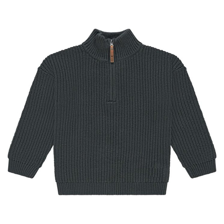Dark gray ribbed sweater with a quarter zip on a white background