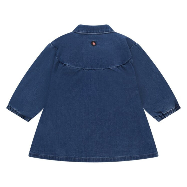 back of Blue denim shirt dress  on a white background