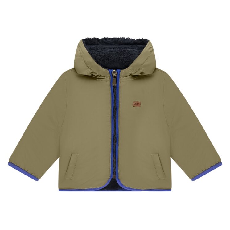 the other side of the Green jacket with blue zipper and lining on a white background