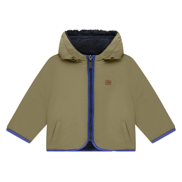 the other side of the Green jacket with blue zipper and lining on a white background