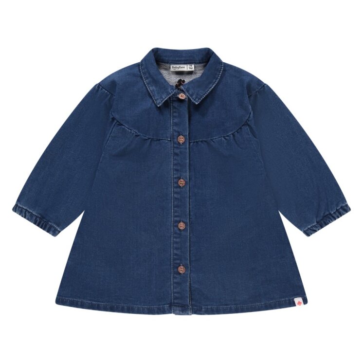Blue denim shirt dress with buttons on a white background