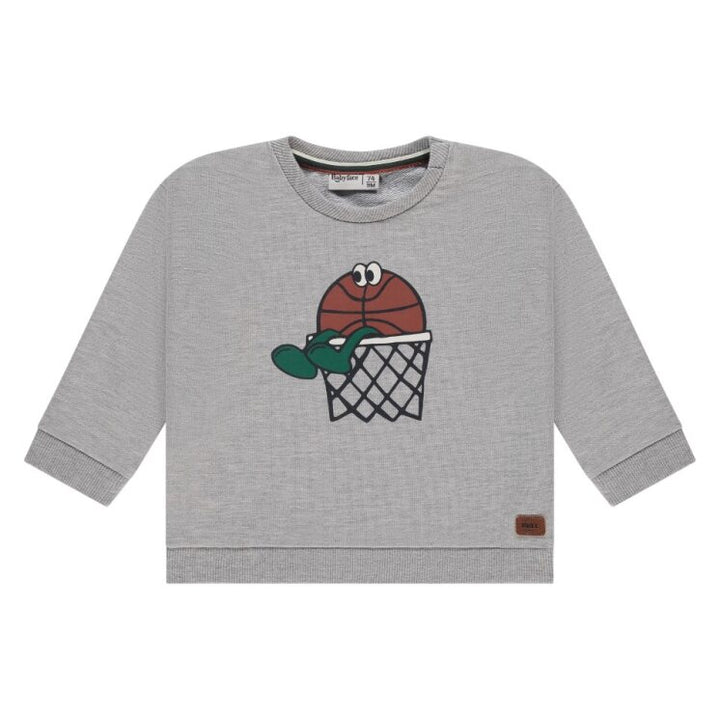Gray sweatshirt with a cartoon design of a basketball and hoop on a white background