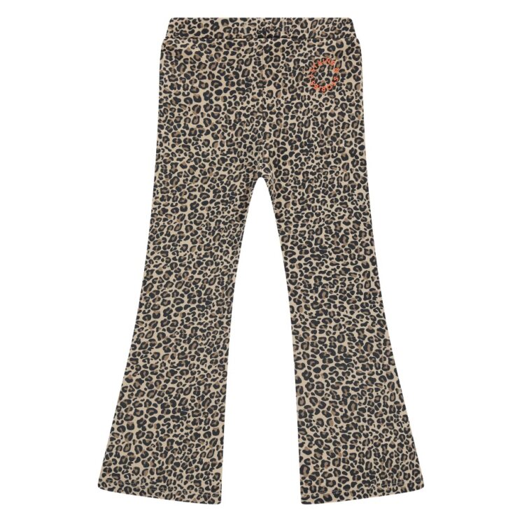 Leopard print pants with a small logo on a white background