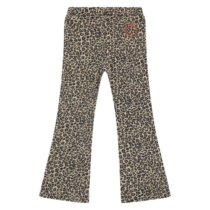 Leopard print pants with a small logo on a white background