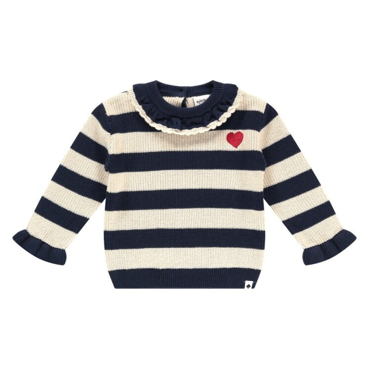 Navy and white striped sweater with a red heart on a white background