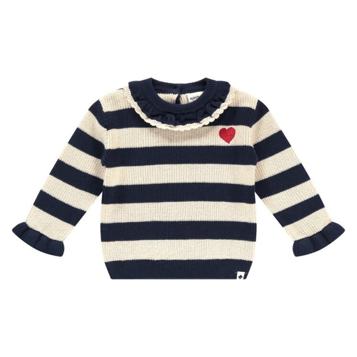 Navy and white striped sweater with a red heart on a white background