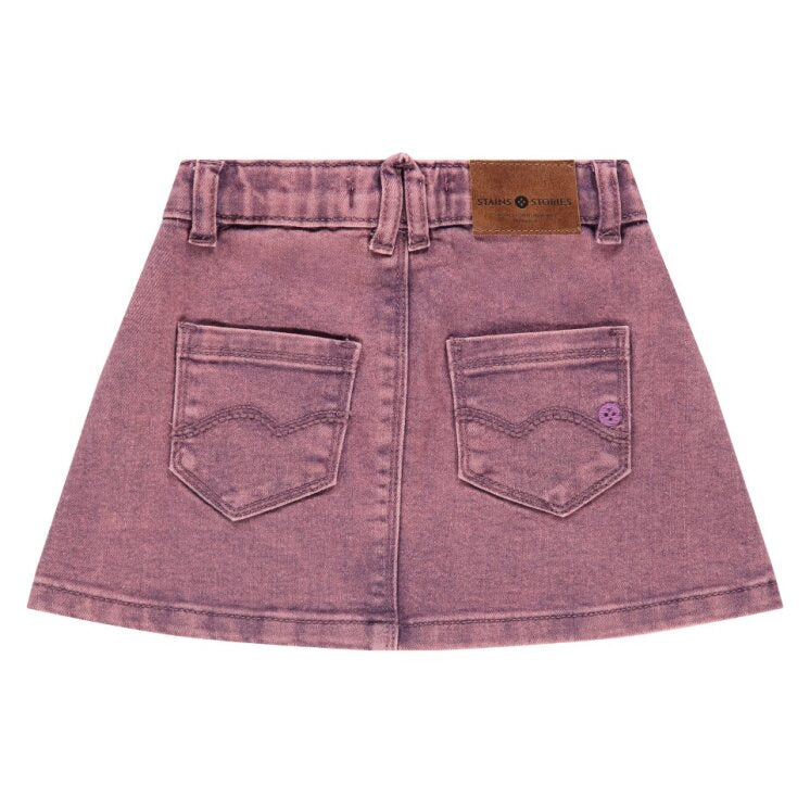 Pink/purple denim skirt with two back pockets on a white background