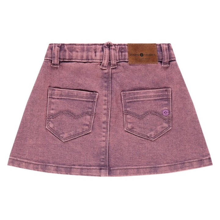 Pink/purple denim skirt with two back pockets on a white background
