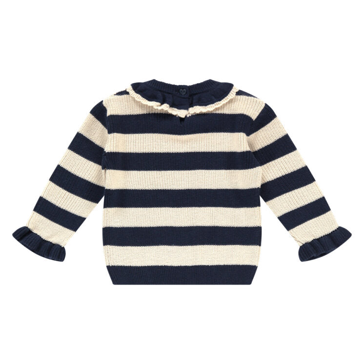 Navy and white striped sweater on a white background