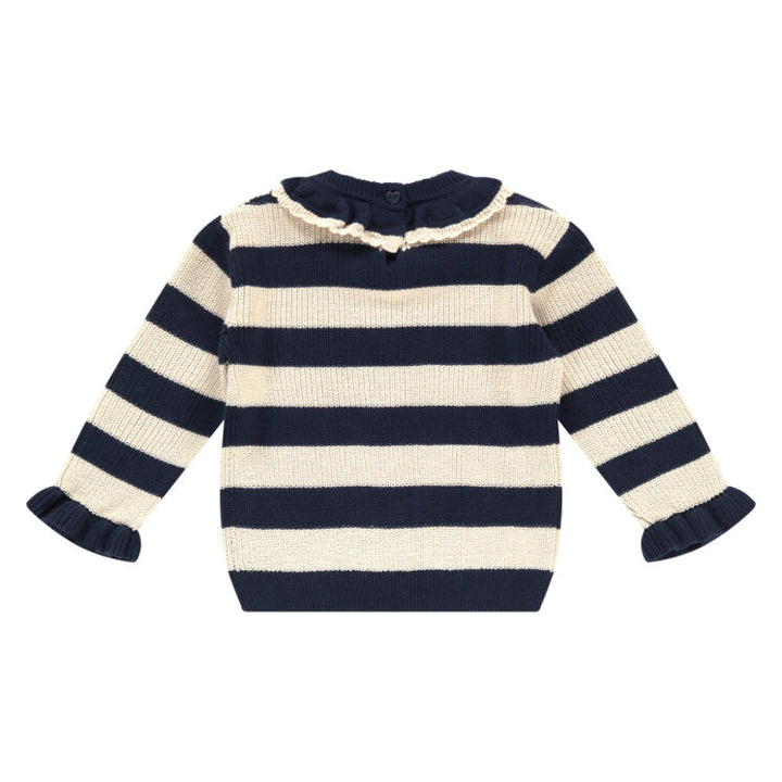 Navy and white striped sweater on a white background