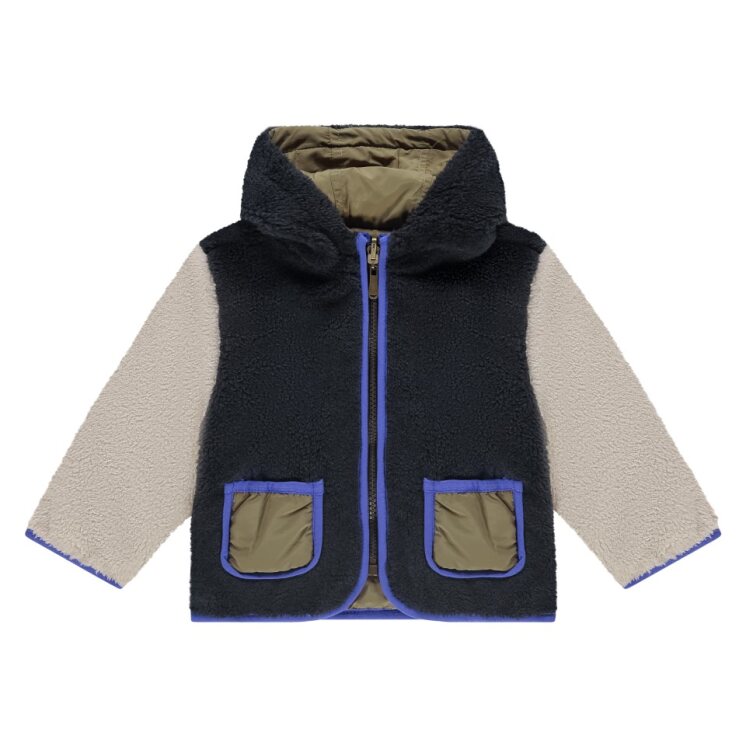Children's two-tone jacket with black and beige sections on a white background