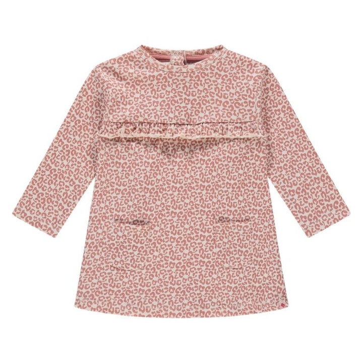 Pink dress with a subtle pink leopard pattern on a white background