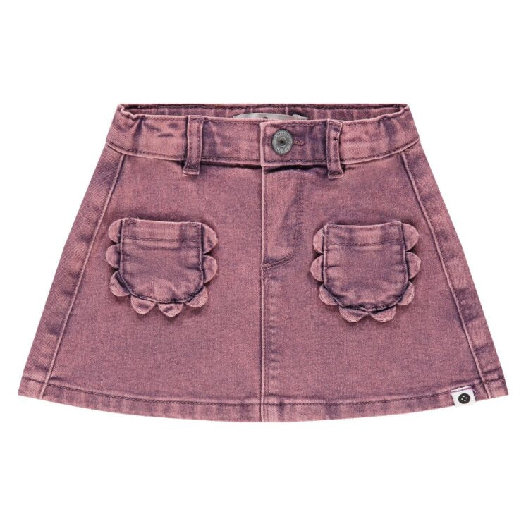 Pink/purple denim skirt with front pockets on a white background