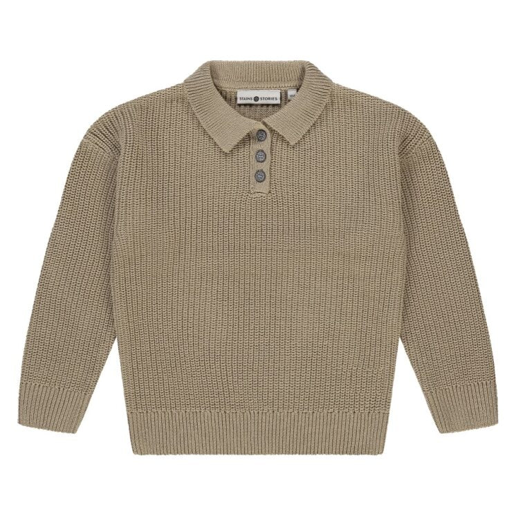 Beige knitted polo sweater with a collar on a white background