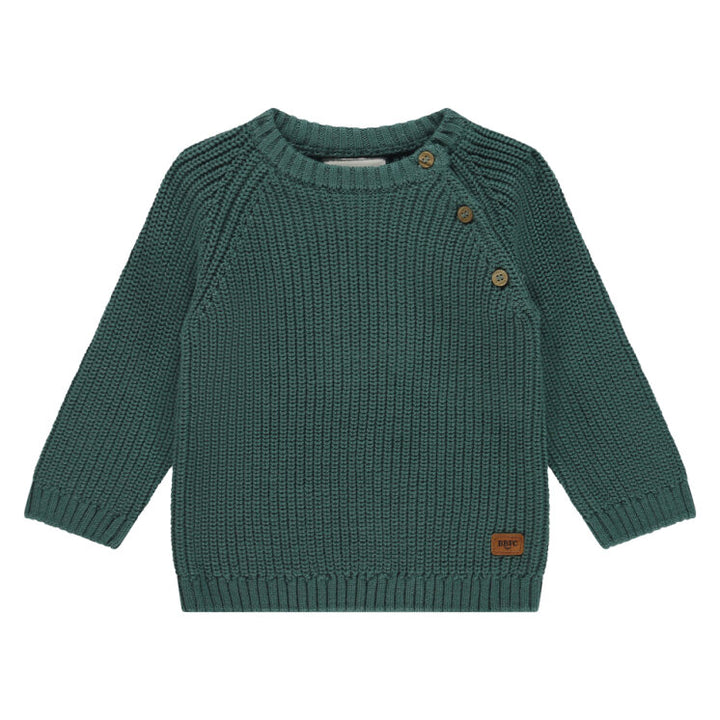 Green knitted sweater with brown buttons on a white background