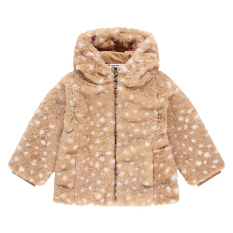 baby faux fur jacket with subtle animal print and hood