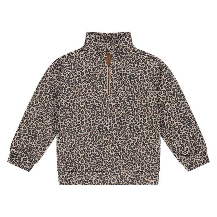 Leopard print pullover with a quarter zip on a white background
