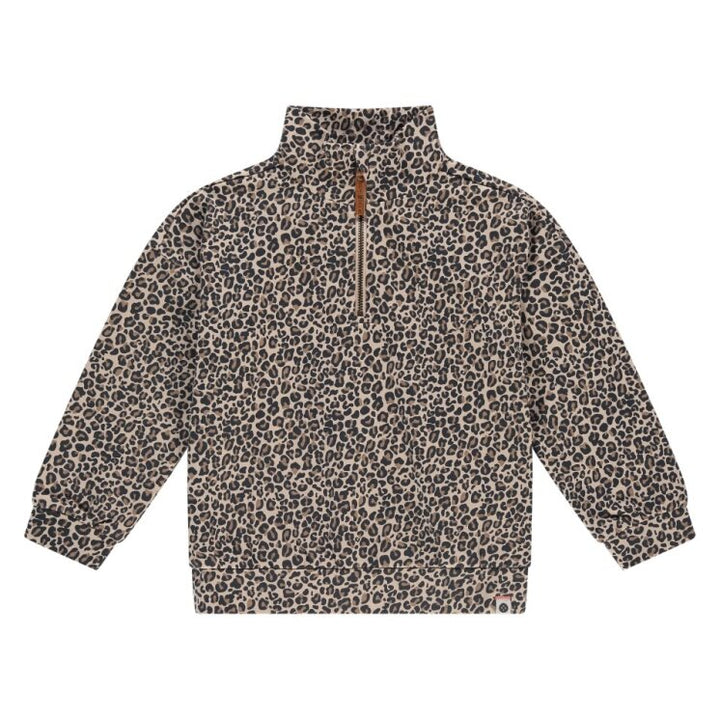 Leopard print pullover with a quarter zip on a white background