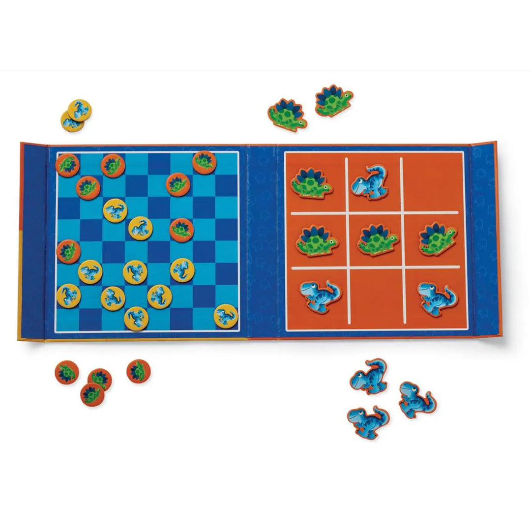Children's board game with dinosaur figures on a blue and orange checkered board
