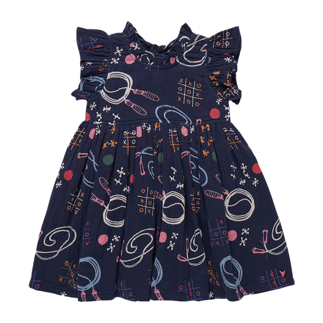 Navy blue dress with colorful geometric pattern, jump ropes and chalk tic tac toe drawings 