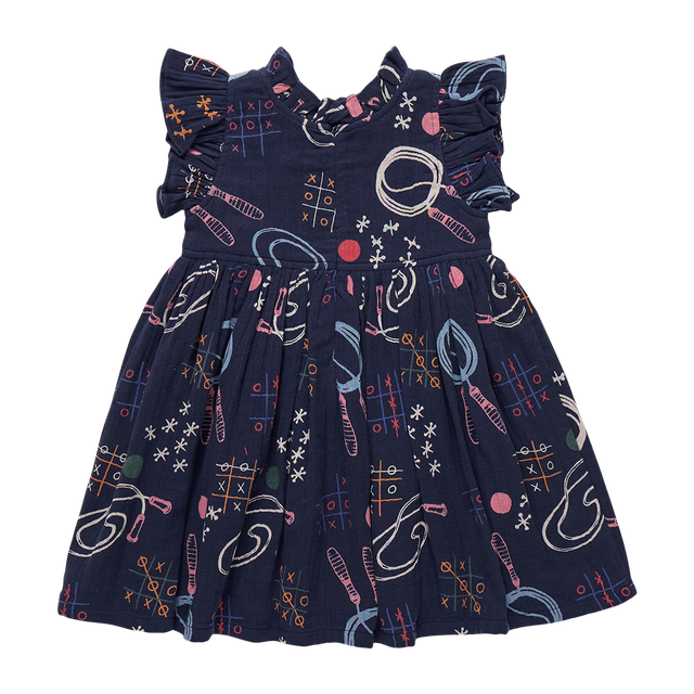 back of a Navy blue dress with colorful geometric pattern, jump ropes, chalk design of tic tac toe  on a white background