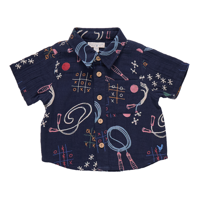 Navy blue boys shirt with colorful geometric pattern, tic tac toe board written in chalk, jump ropes