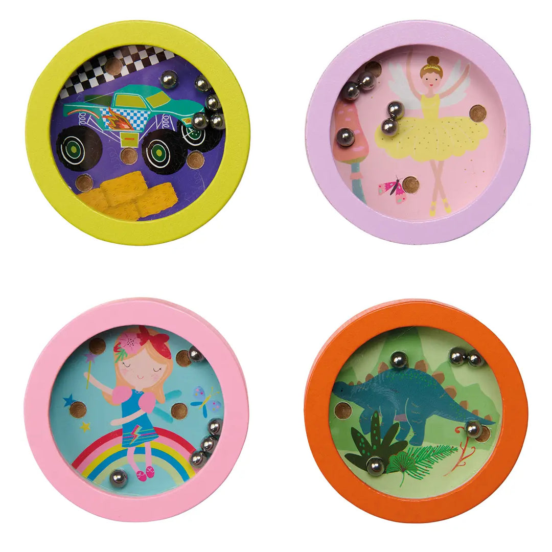 Four circular toys with colorful frames featuring different illustrations on a white background.