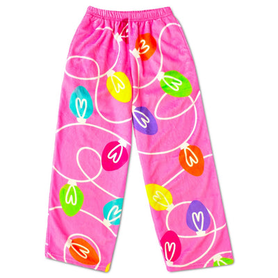 pink plush lounge pants with christmas lights print on it. 