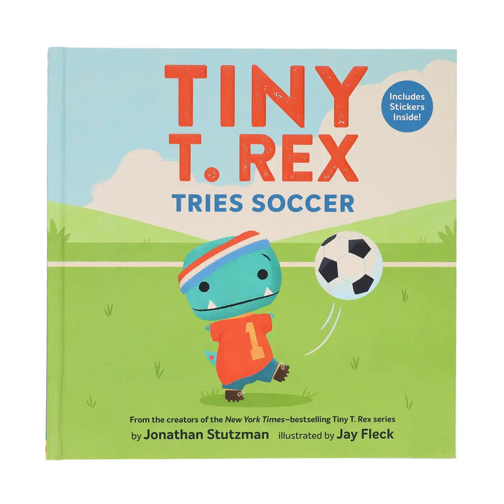 Book cover of 'Tiny T. Rex Tries Soccer' with a cartoon dinosaur playing soccer.