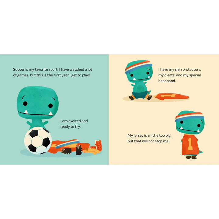 Illustrated book page with a dinosaur character preparing for soccer, on a light blue and beige background.