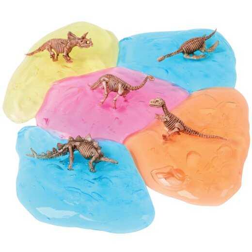 slime in 4 different colors: orange, yellow, blue, pink each with a dinosaur inside the package