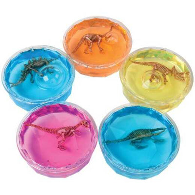 slime inside the container each with a dinosaur inside. all different colors: yellow, orange, blue, and pink 