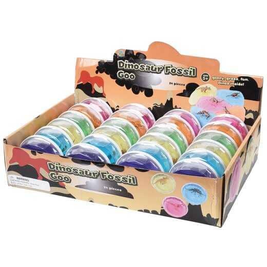 what the display looks like with all of the containers and the slime with a dinosaur inside. 