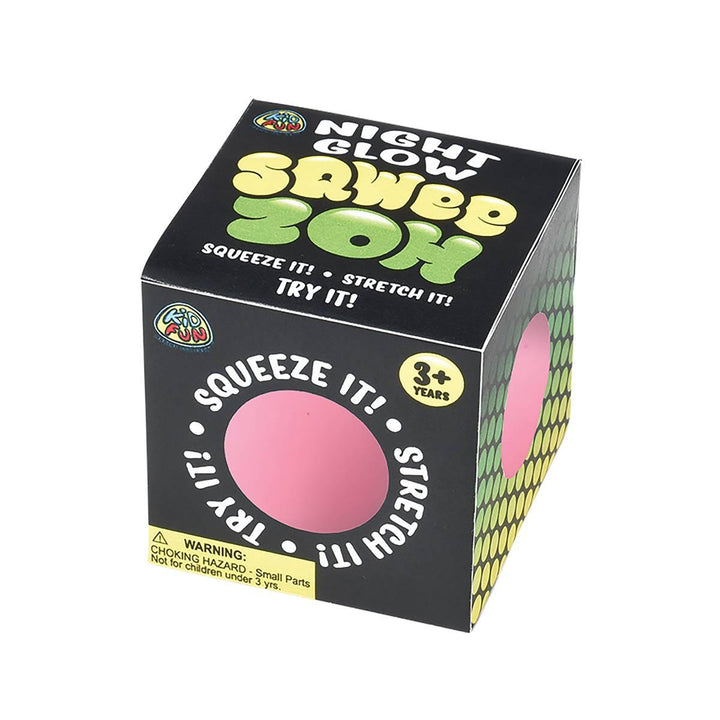 neon squeeze ball in the packaging. the pink color is shown here. 