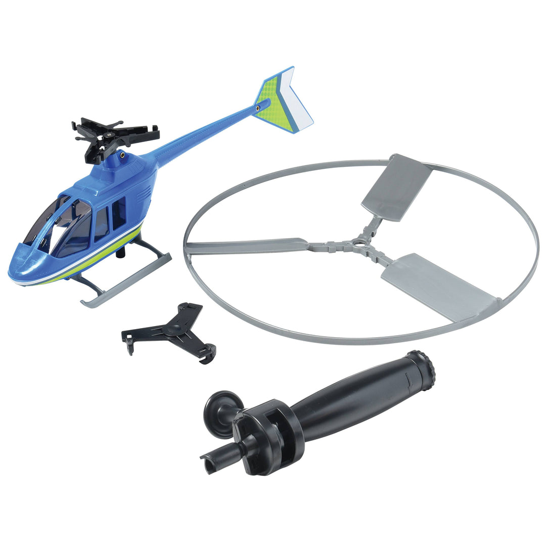 this picture shows all of the parts of the helicopter and handle to launch it. 