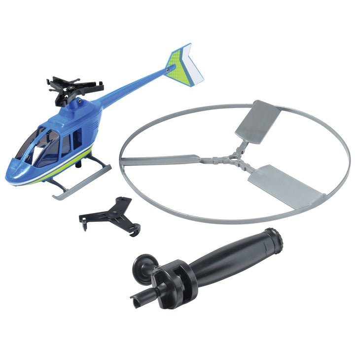 this picture shows all of the parts of the helicopter and handle to launch it. 