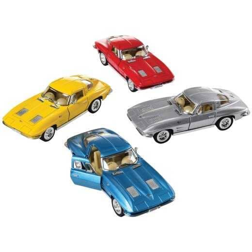 pullback cars: corvette stingray in red, yellow, blue, and silver. 