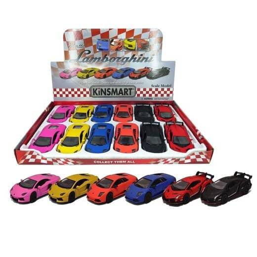 toy matte lamborghini in red, pink, yellow, blue, orange, red and black 