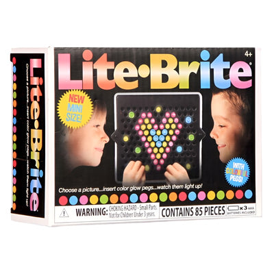 Lite Brite Toy picture, small pegs that light up with you put them in a hole that is a larger part of a small plastic grid. 