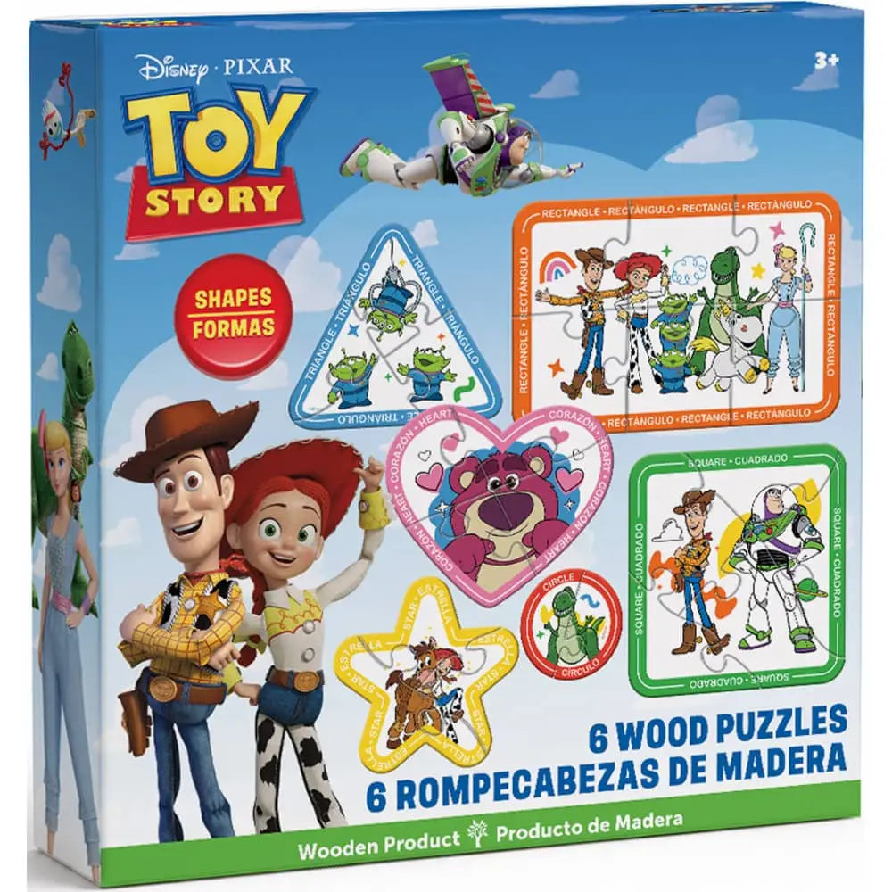 Toy Story wooden puzzles packaging with characters and shapes on a blue background