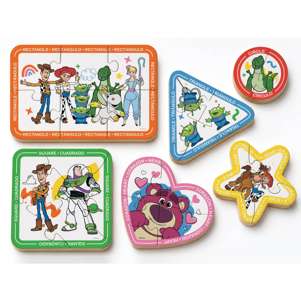 Set of educational shape puzzles with cartoon characters on a white background