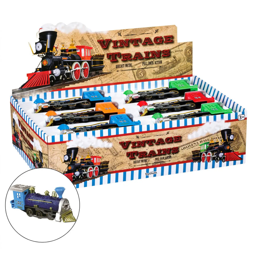 Vintage Trains toy set in a large retail display box, featuring multiple colorful toy trains and a circular inset showing a blue steam locomotive close-up.