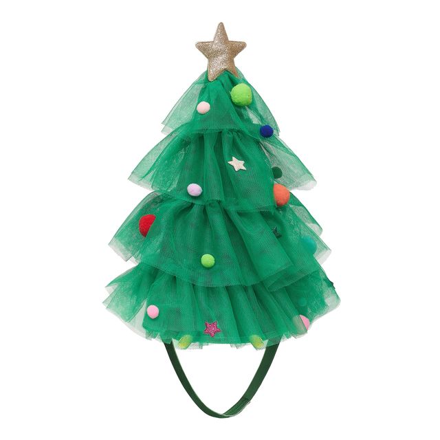 Green tulle Christmas tree headband with colorful decorations on a white background