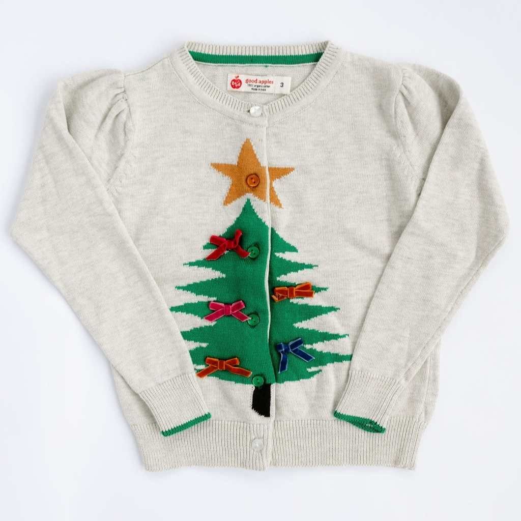 Girls Sweater | Oatmeal Heather Cardigan - Christmas Tree | Good Apples
