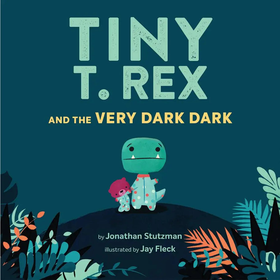 Book cover of 'Tiny T. Rex and the Very Dark Dark' with a dinosaur illustration on a dark blue background.