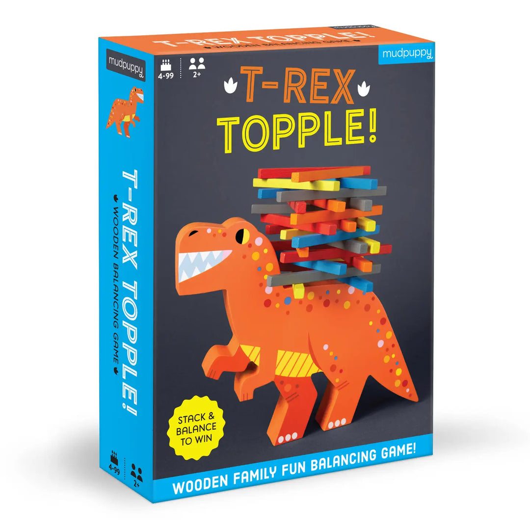 Box of T-Rex Topple game with colorful wooden blocks on a white background