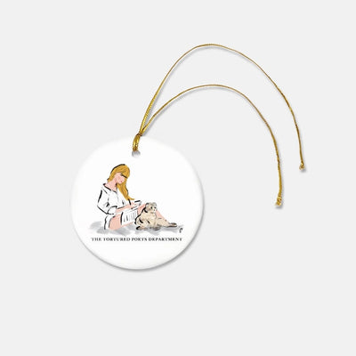 Taylor Swift Christmas Ornament, with Taylor sitting by a typewriter with a cat.  TTPD themed