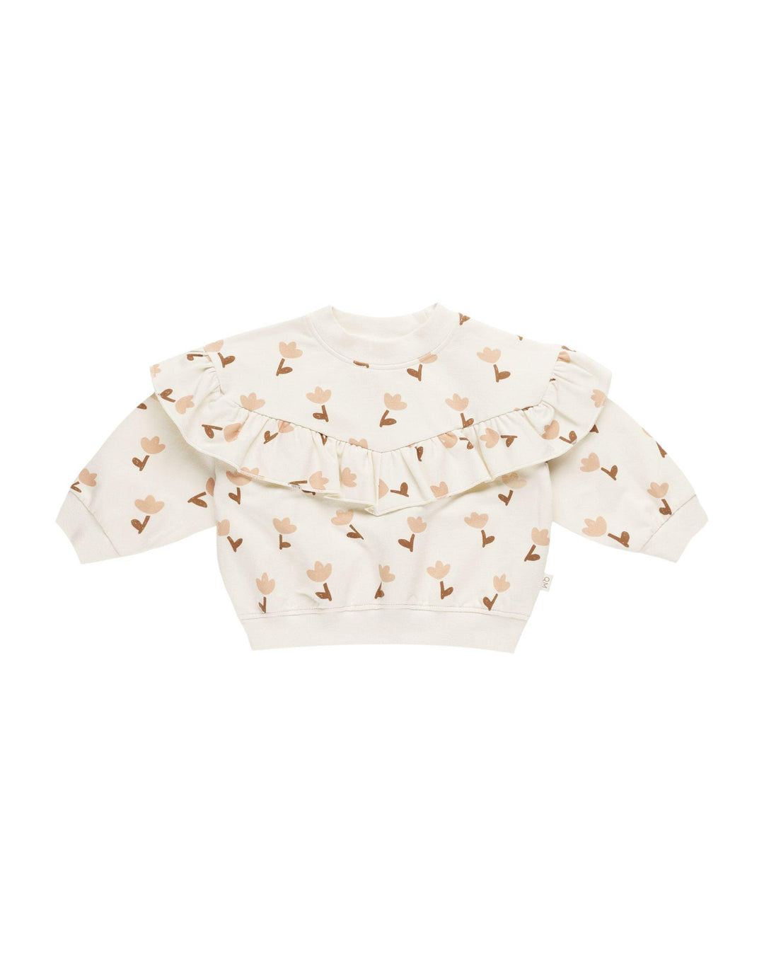beige sweatshirt with ruffle across the chest. dusty rose tulips and taupe stems and leaves  as an all over print. 